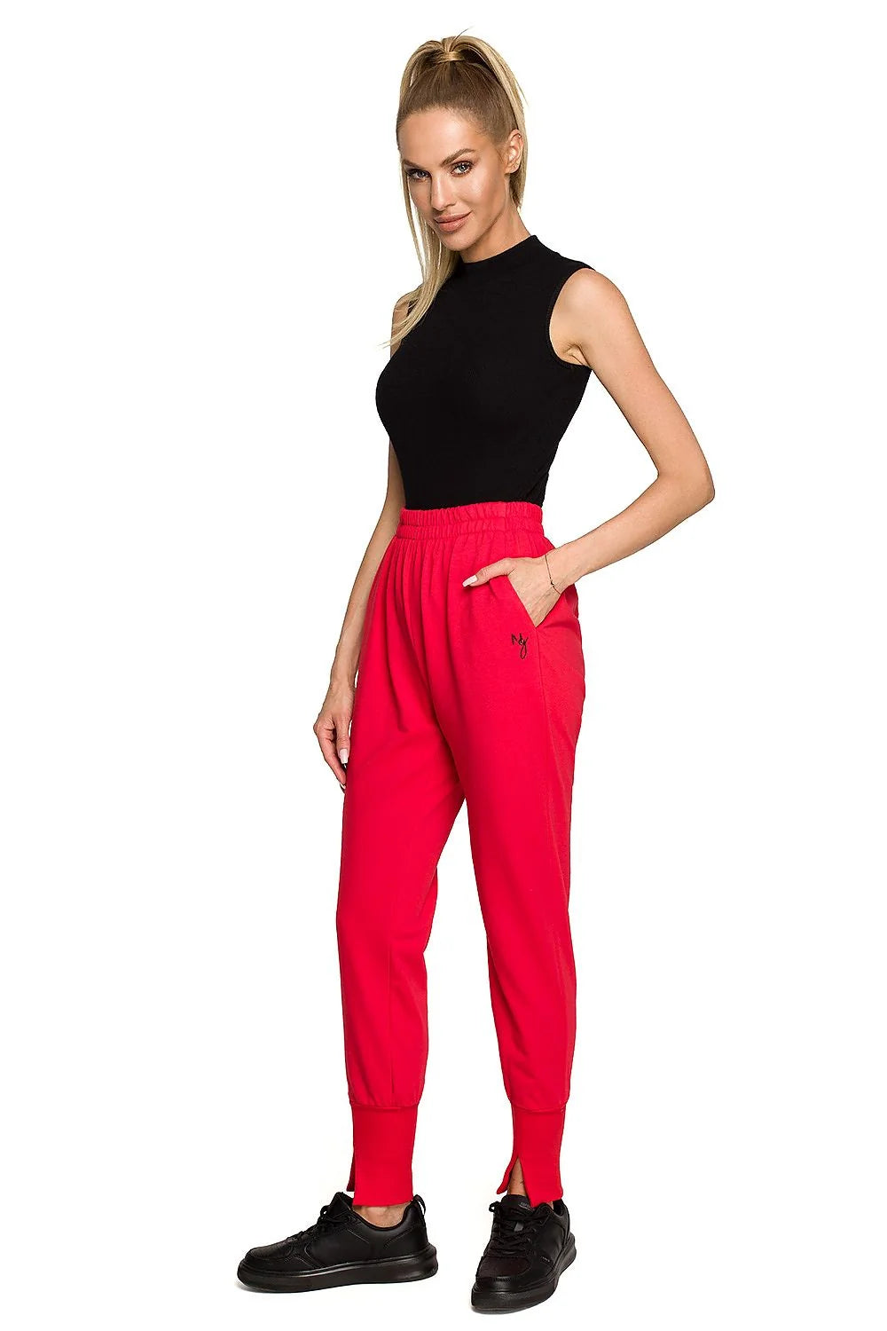 Pantalon survêtement Moe avec broderies et fentes, coupe ajustée, taille haute, coton élasthanne, style urbain pour femme