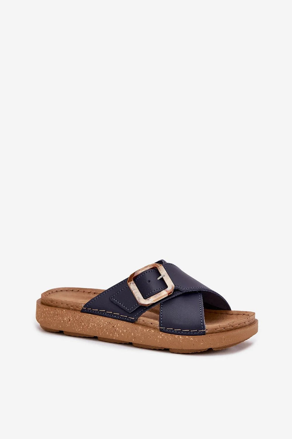 sandales femme bleu marine similicuir effet écaille mules brides croisées boucle ajustable coutures apparentes semelle plateforme liège coussinet anatomique antidérapante