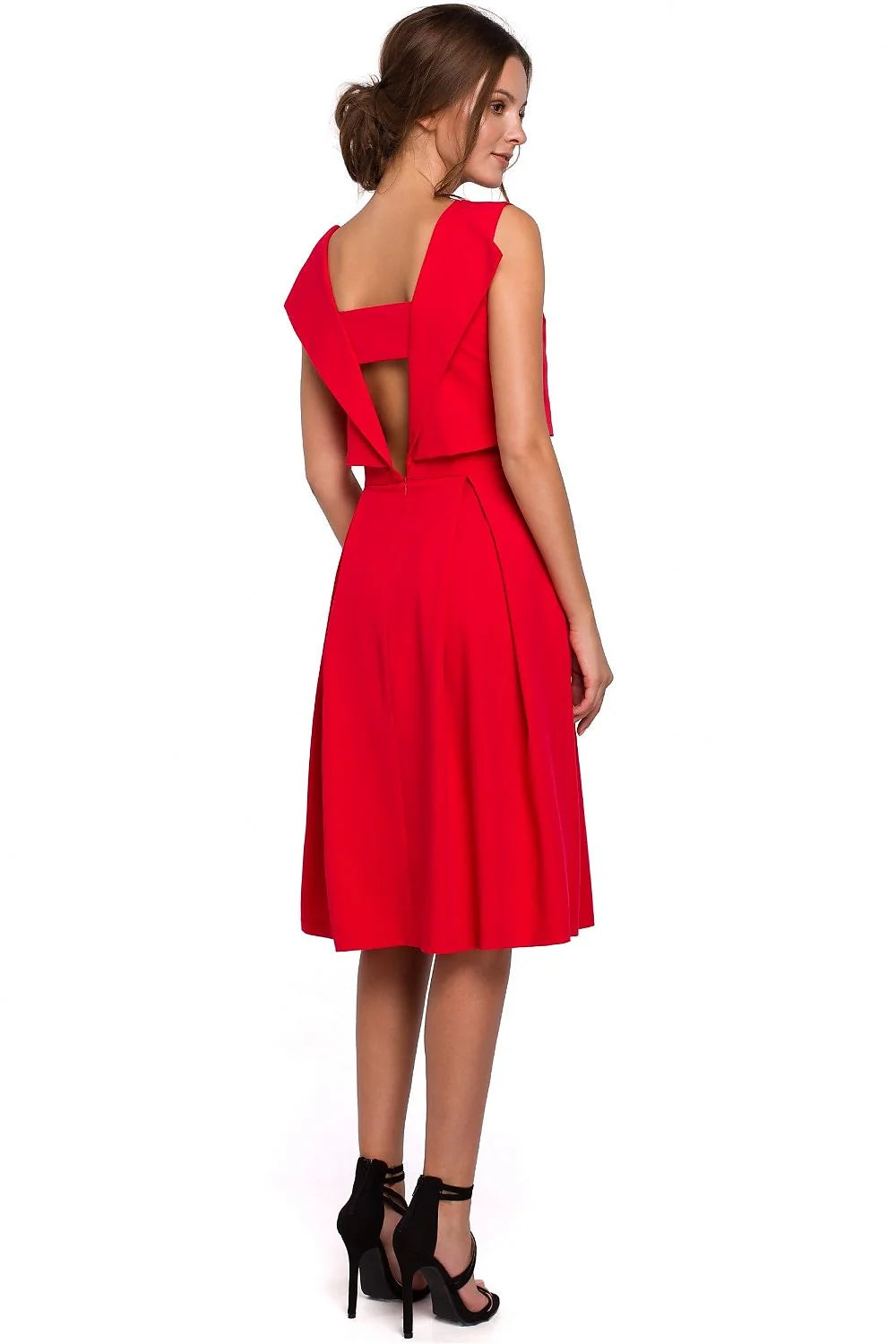 robe soirée Makover noire midi sans manches dos nu col bateau taille haute jupe évasée plissée crêpe élégante femme