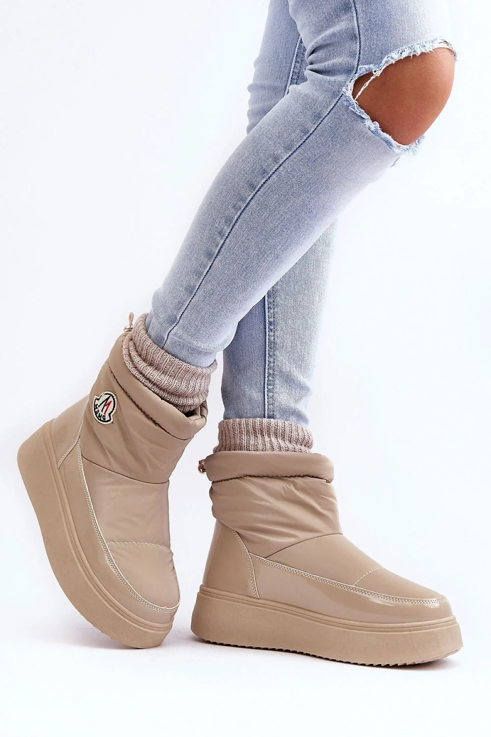 Bottes de neige modernes pour femmes style minimaliste beige tige moyenne plateforme 3.5 cm fourrure intérieure imperméable