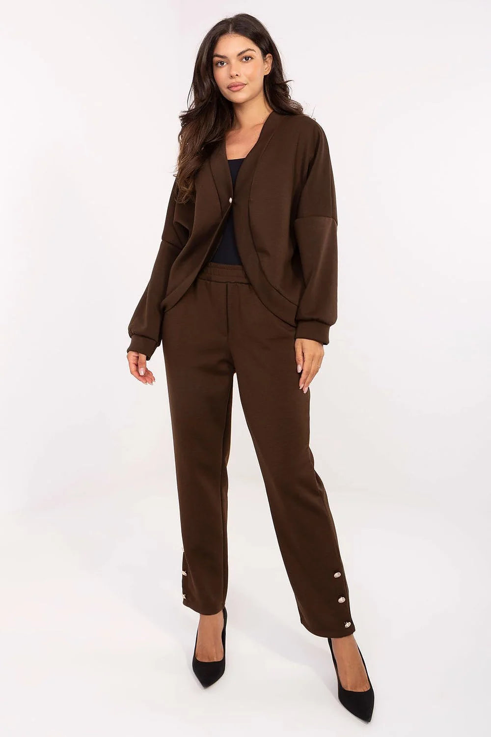 ensemble femme casual chic marron chocolat loungewear élégant molleton doux beurré viscose élasthanne pull col châle pantalon taille haute élastique
