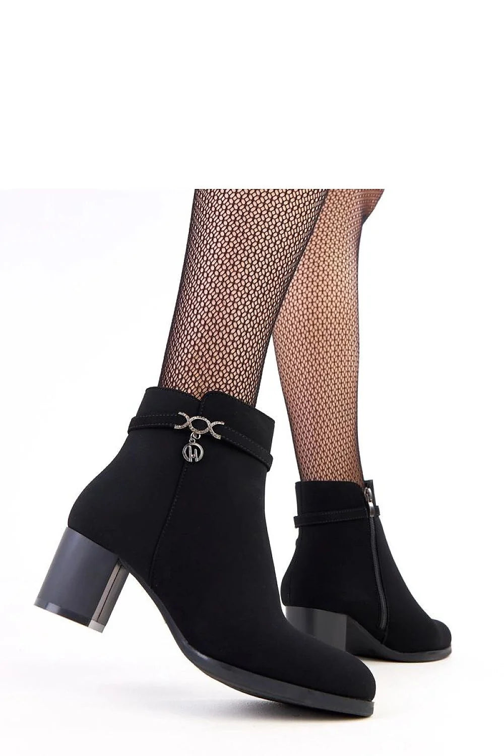 bottines femme cheville noires suédine cuir écologique mat bout amande talon pilier stable 5cm bride décorative zircons zip doublure douce