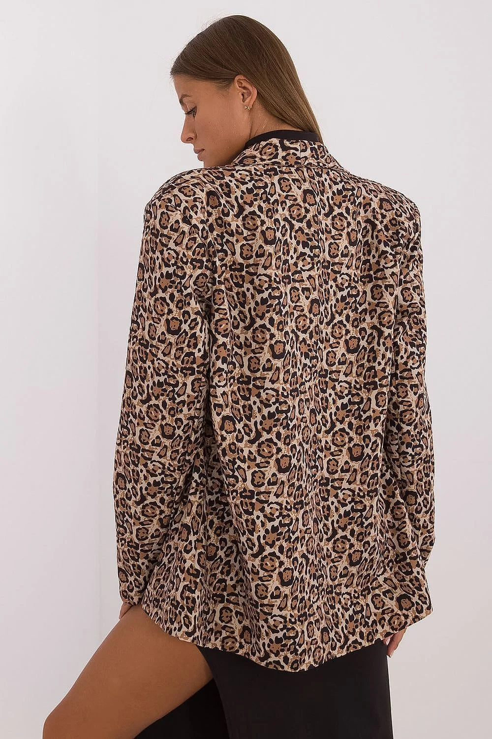 Veste Italy Moda pour femme, motif léopard, style audacieux, coupe oversize, manches longues, sans fermeture, blazer élégant, polyester élasthanne, doublure raffinée