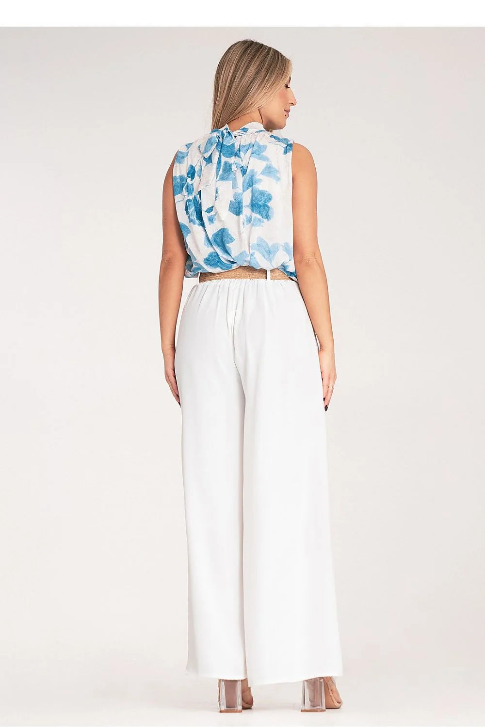 Pantalon femme Figl large taille haute ceinture tressée polyester blanc floral haut sans manches