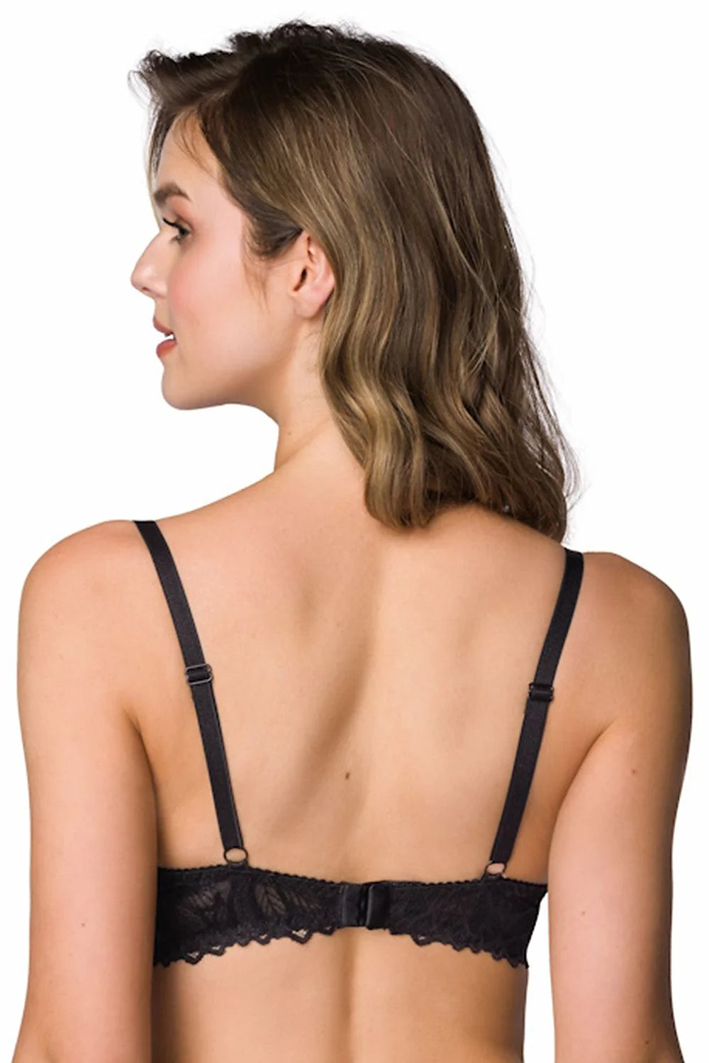 Soutien-gorge élégant en dentelle noire pour femme, style plunge, bretelles ajustables, fermeture à l'arrière, détails floraux, confort et maintien