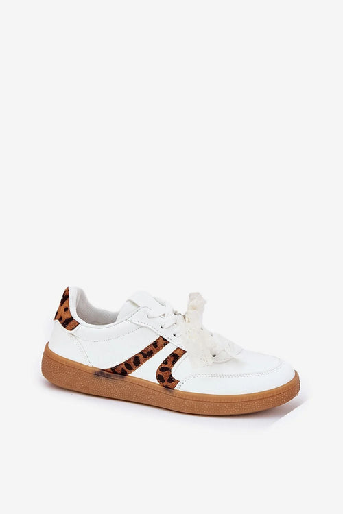 baskets basses femme élégantes lacets larges ruban cuir synthétique blanc accents léopard semelle caoutchouc marron rembourré confort quotidien chic