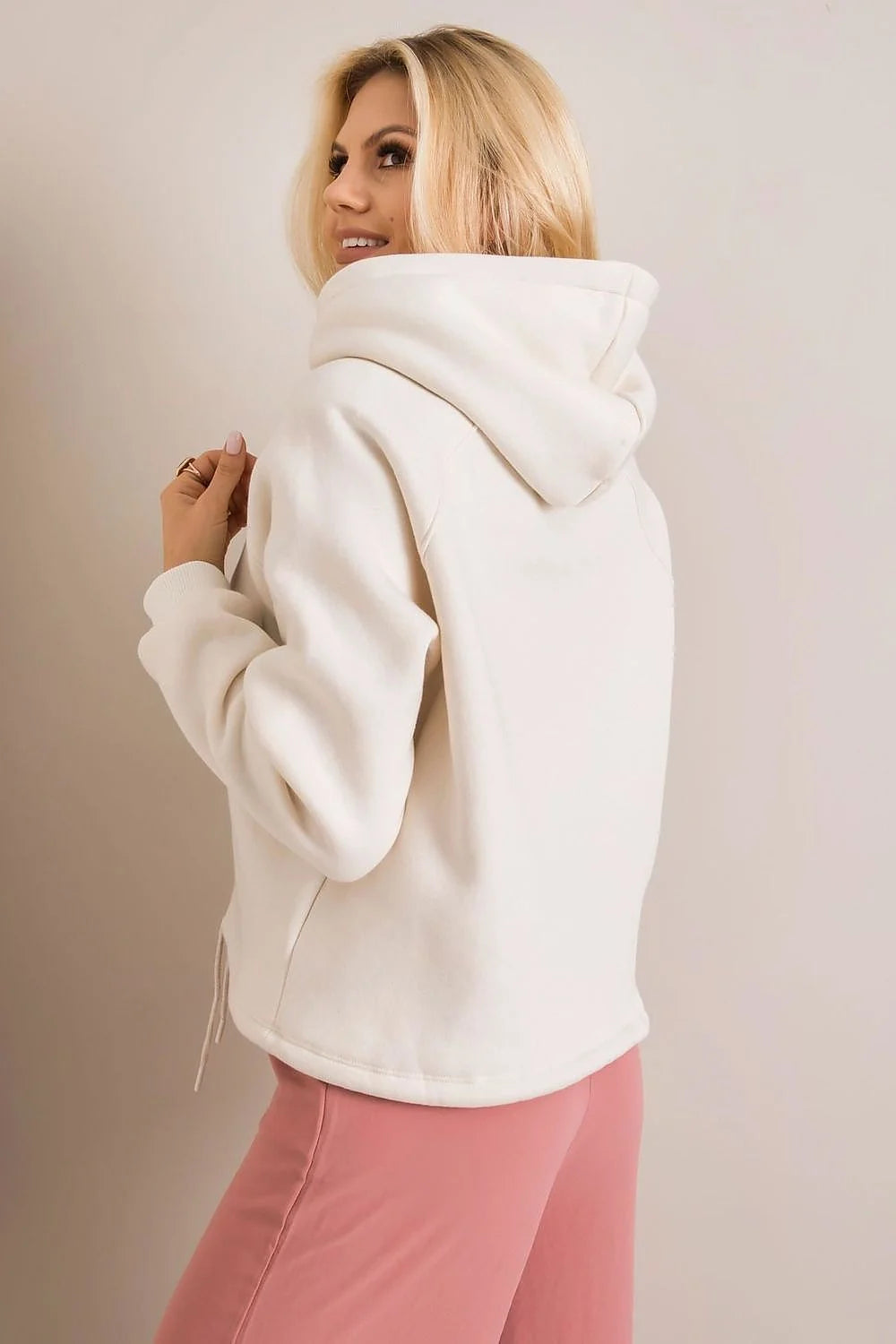 Sweatshirt à capuche femme coton élasthanne style épuré blanc cassé manches longues coupe ample