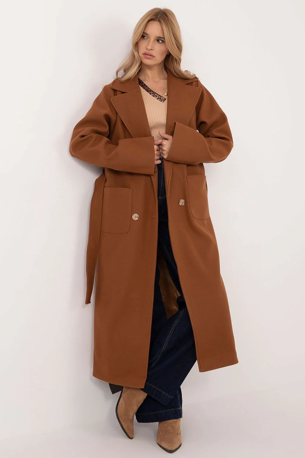 Manteau élégant pour femme long ample camel laine polyester elasthanne ceinture revers crantés poches boutons double rangée coupe chic occasionnels formels
