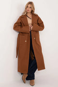 Manteau élégant pour femme long ample camel laine polyester elasthanne ceinture revers crantés poches boutons double rangée coupe chic occasionnels formels