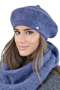 béret écharpe hiver femme classique élégant mérinos polaire tricoté slouchy volumineux indigo lavande plaquette argentée snood épais doux moelleux sophistiqué