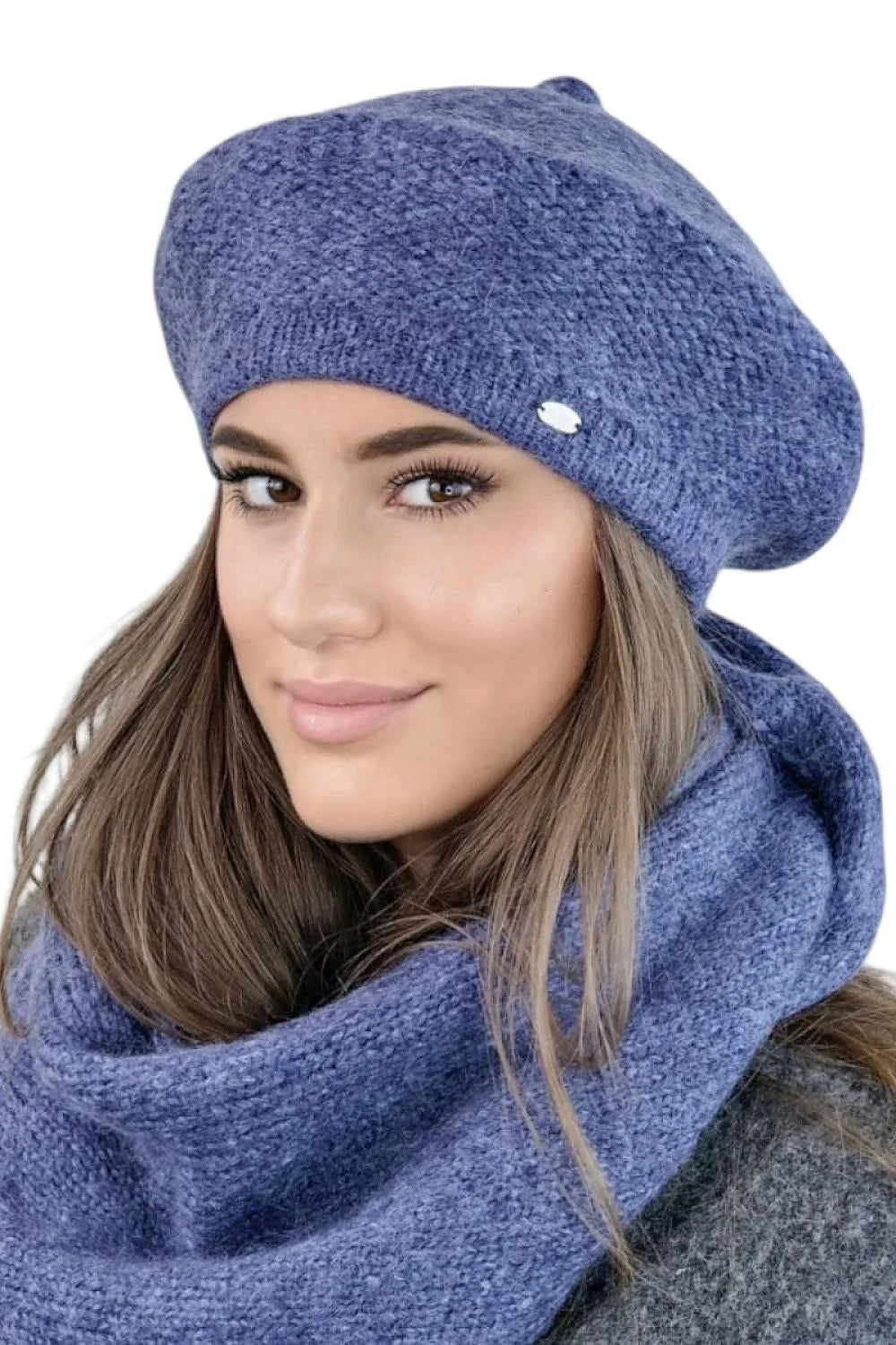 béret écharpe hiver femme classique élégant mérinos polaire tricoté slouchy volumineux indigo lavande plaquette argentée snood épais doux moelleux sophistiqué