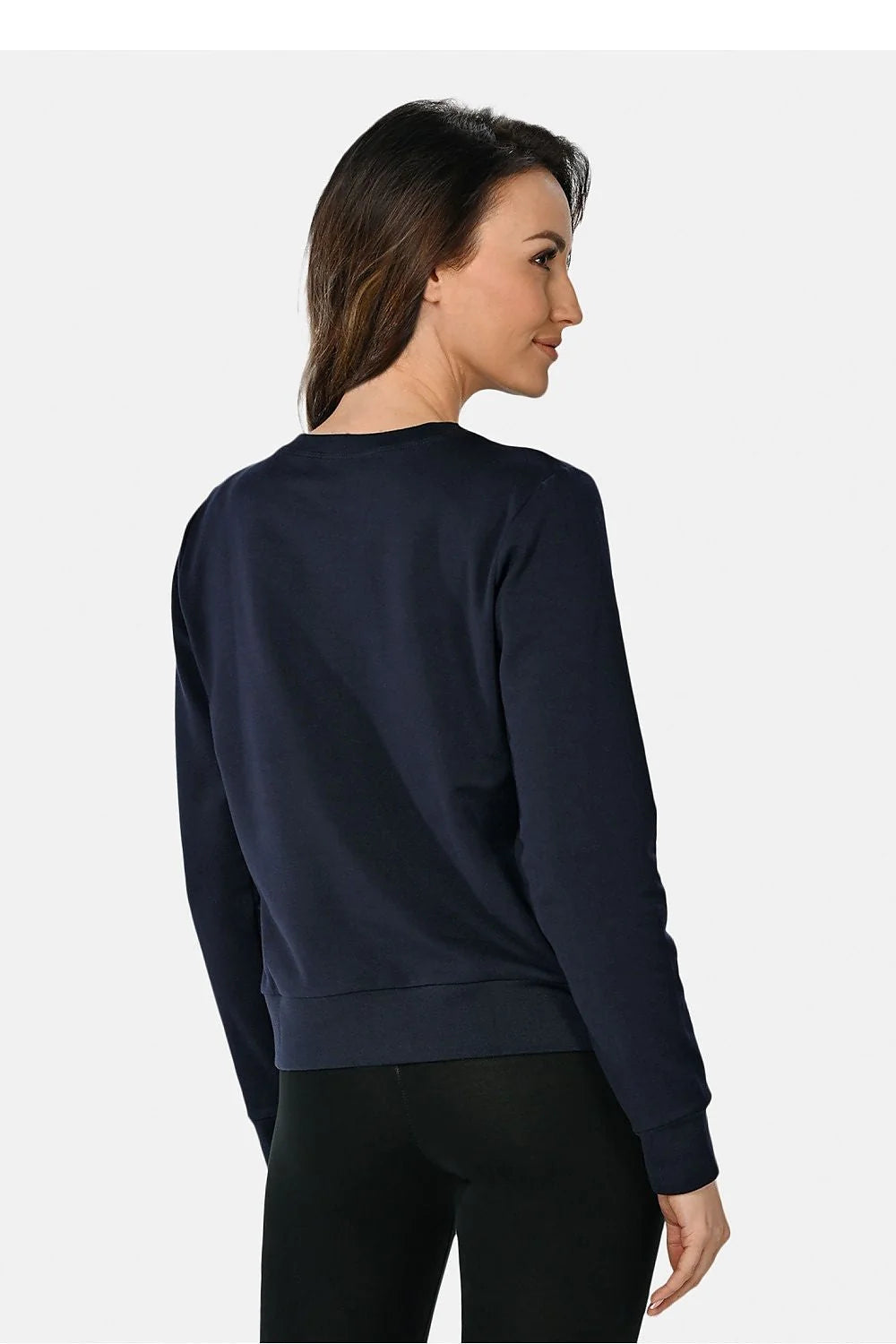 Sweatshirt Teyli pour femme, style moderne, coupe droite, manches longues, col rond, couleur bleu marine, matériau coton-polyester, confort et élégance