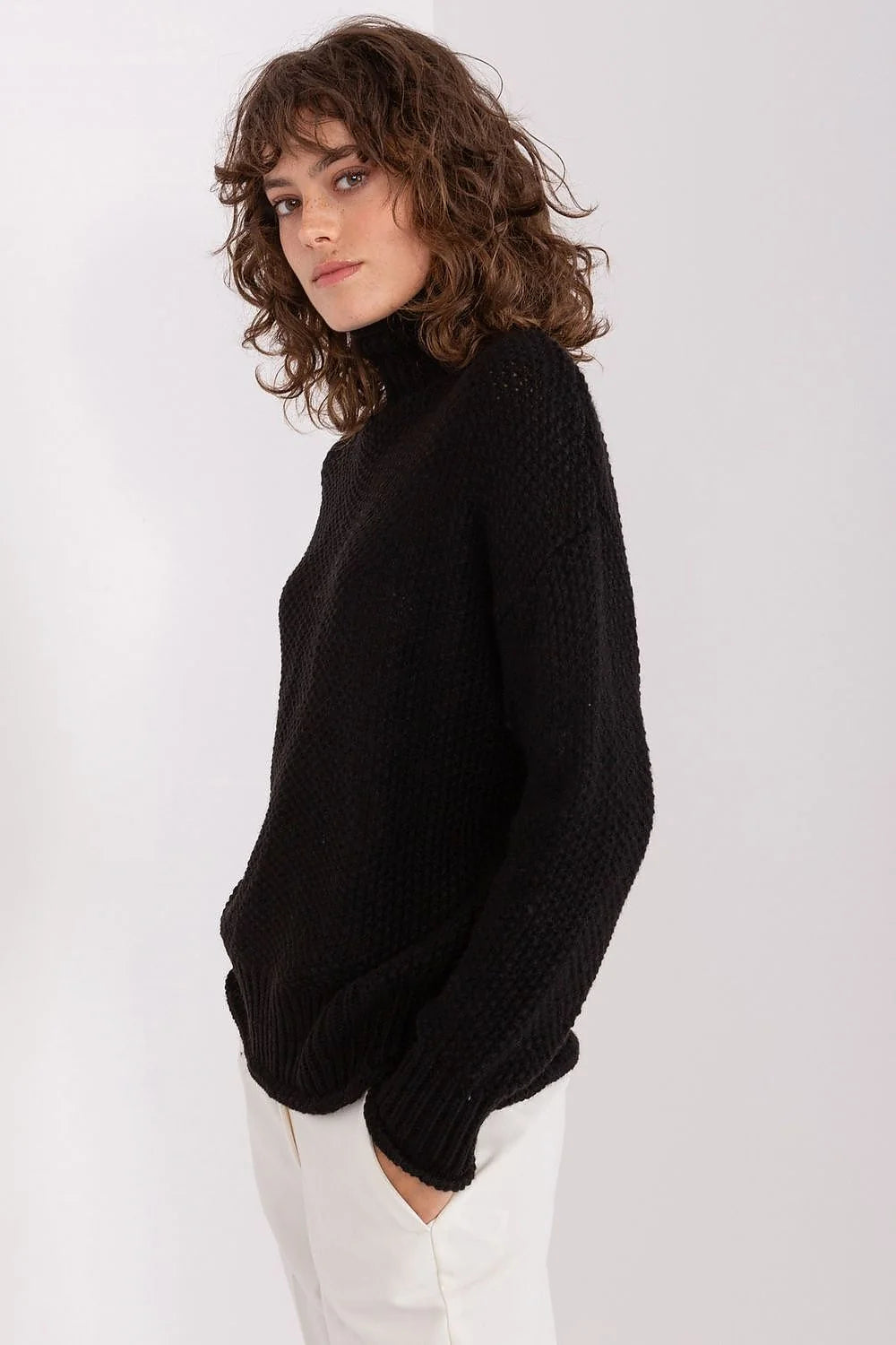 Pull à col roulé pour femme en maille épaisse, couleur noire, style élégant et intemporel, coupe droite et confortable