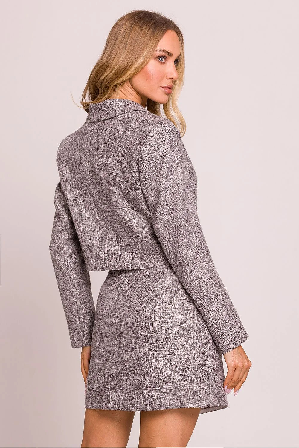 Veste élégante Moe courte taille haute tissu tweed gris blanc boutons dorés style intemporel femme