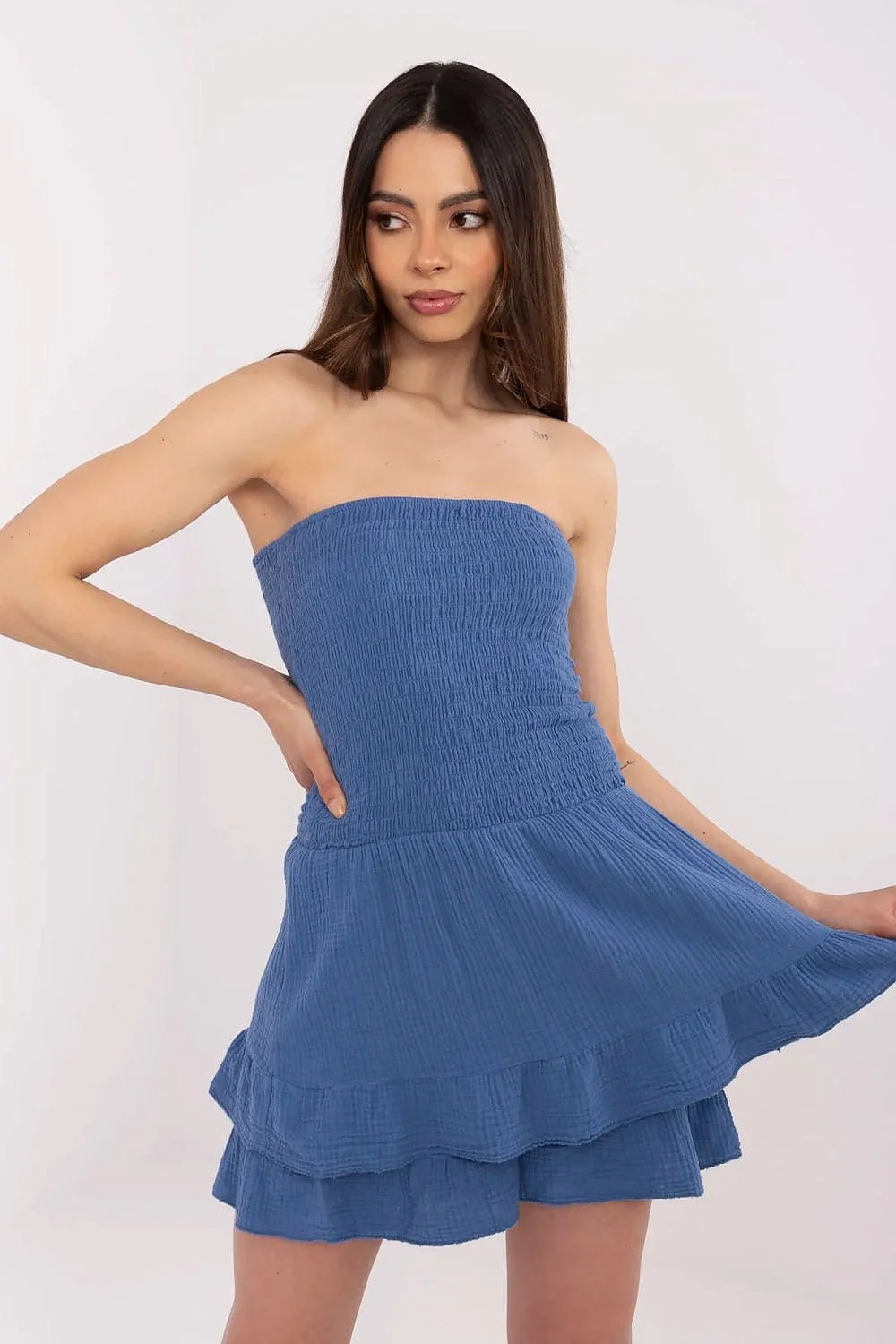 Robe femme élégante moderne bustier sans bretelles smocké bleu taille ajustable volants jupe trapèze coton