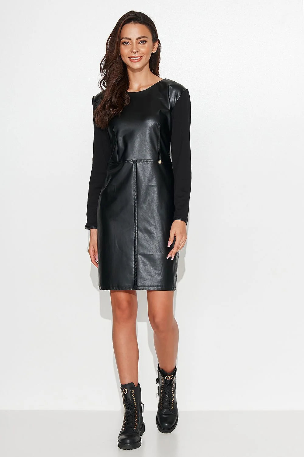 Robe de jour Numinou courte manches longues cuir tricot noir moderne élégant femmes occasion semi-formelle