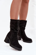 bottines femme suédine écologique noir slouchy mi mollet bout rond talon carré plateforme fermeture éclair latérale doublure mousse chaude polyvalente