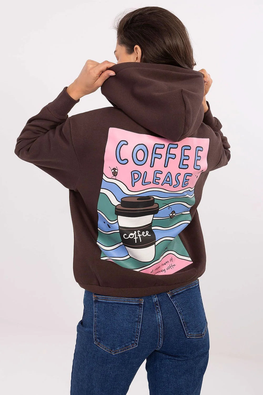sweatshirt femme marron chocolat oversize décontracté capuche cordons blancs embouts roses poche kangourou molletonné doux imprimé rose slogan coffee please