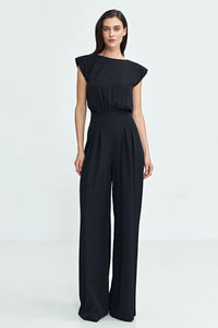 Combinaison élégante pour femmes sans manches épaules structurées neckline rond haute taille buste ajusté couleur noire matière légère fluides occasions formelles soirées
