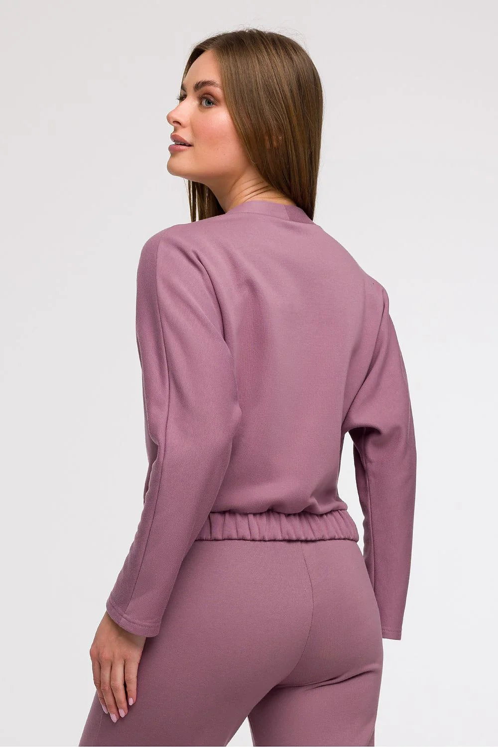 ensemble femme cache coeur profond V pantalon taille haute élastique lavande tricot doux extensible drapé fuselé couture centrale élégant confortable