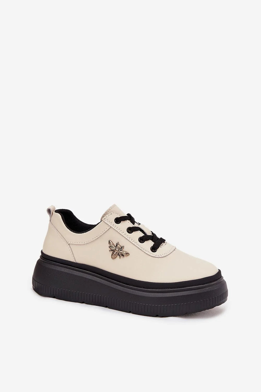 chaussures femme basses Vinceza cuir naturel crème lacets derby casual chic plateforme épaisse semelle noire crantée antidérapante boucle dorée abeille
