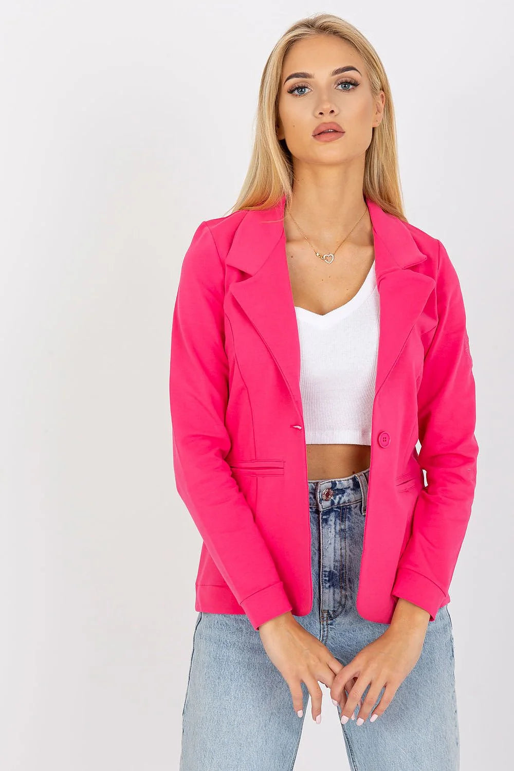 Blazer femme moderne élégant rose vif manches longues col cranté bouton unique épaules structurées polyester élasthanne taille ajustable