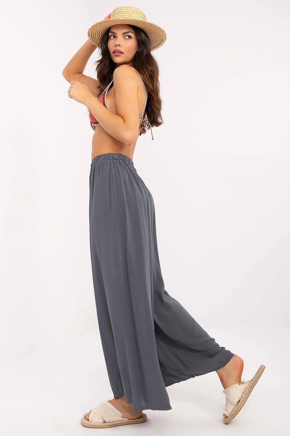 pantalon ample femme palazzo taille haute élastique gris anthracite fluide léger viscose coton cheville plis drapé bohème