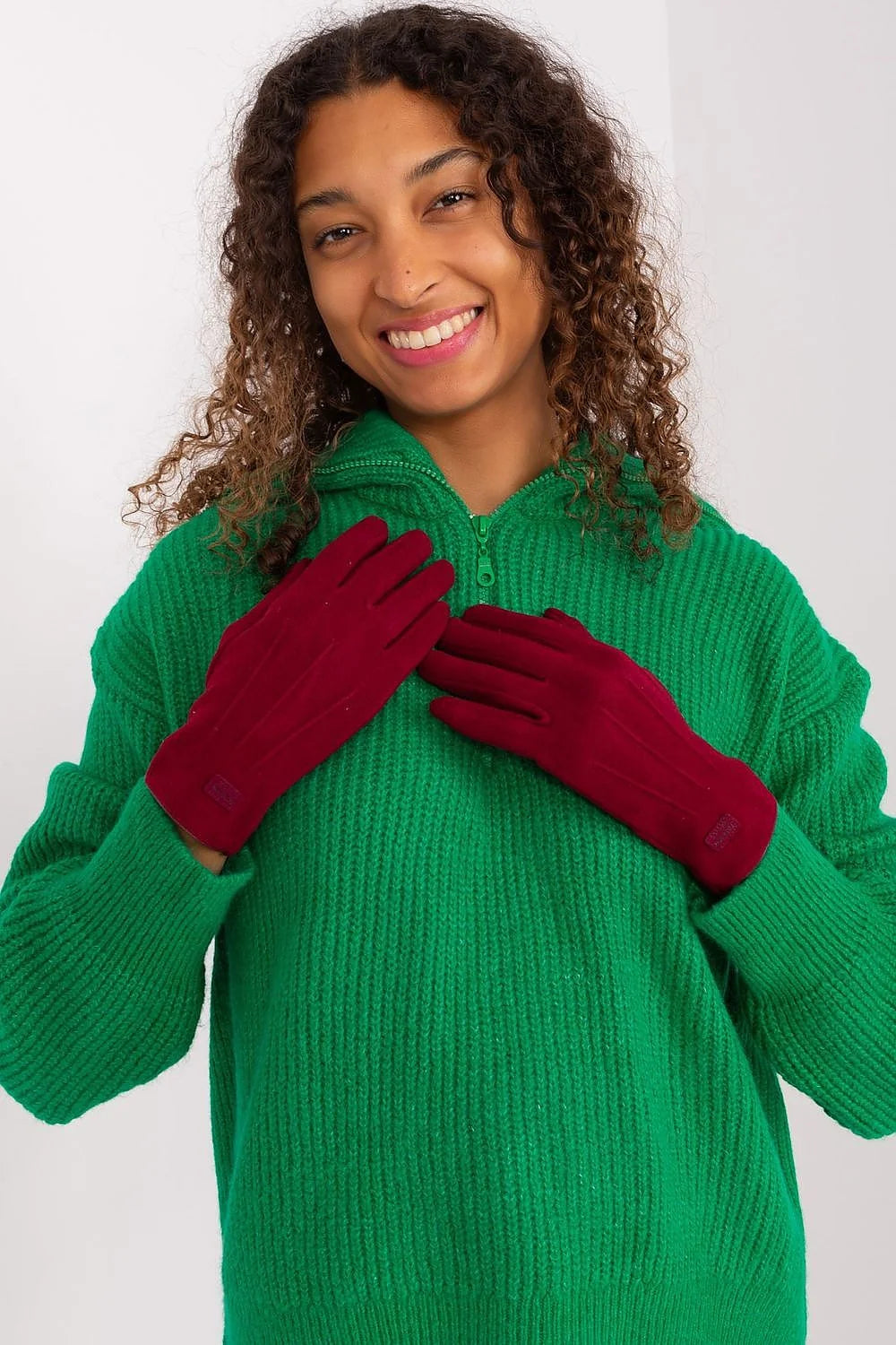 Gants élégants pour femmes en bordeaux tissu lisse isolé patchs décoratifs fleur brodée index coton élasthanne polyester