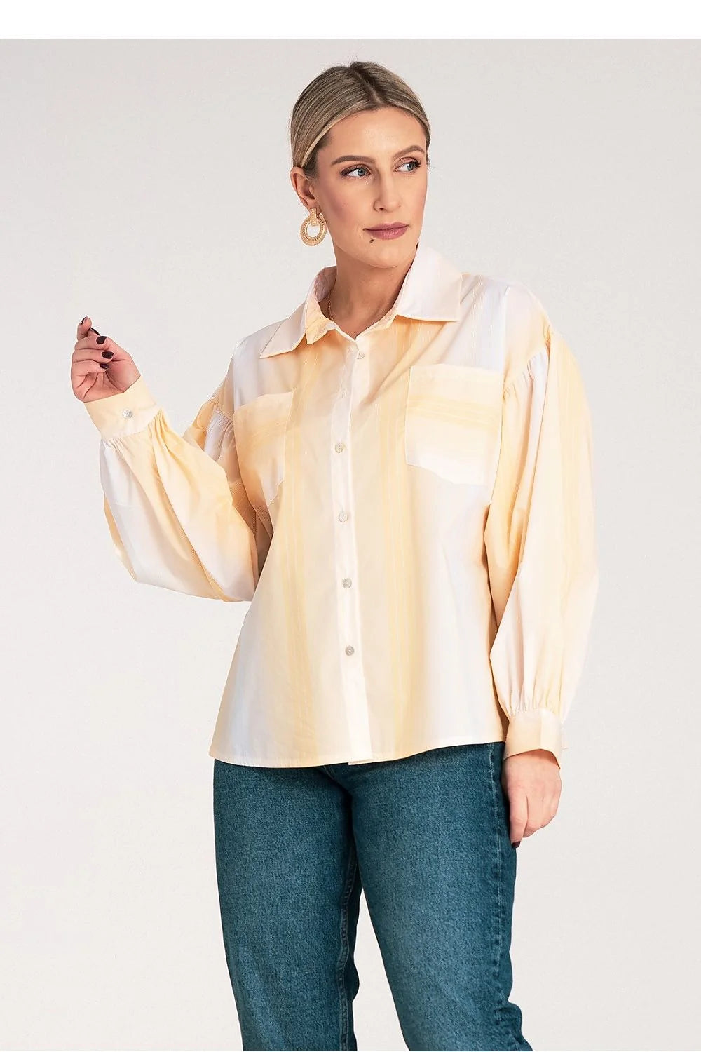 Chemise manche longue Figl motif rayures élégante femme polyester 100% ample col classique poches asymétriques
