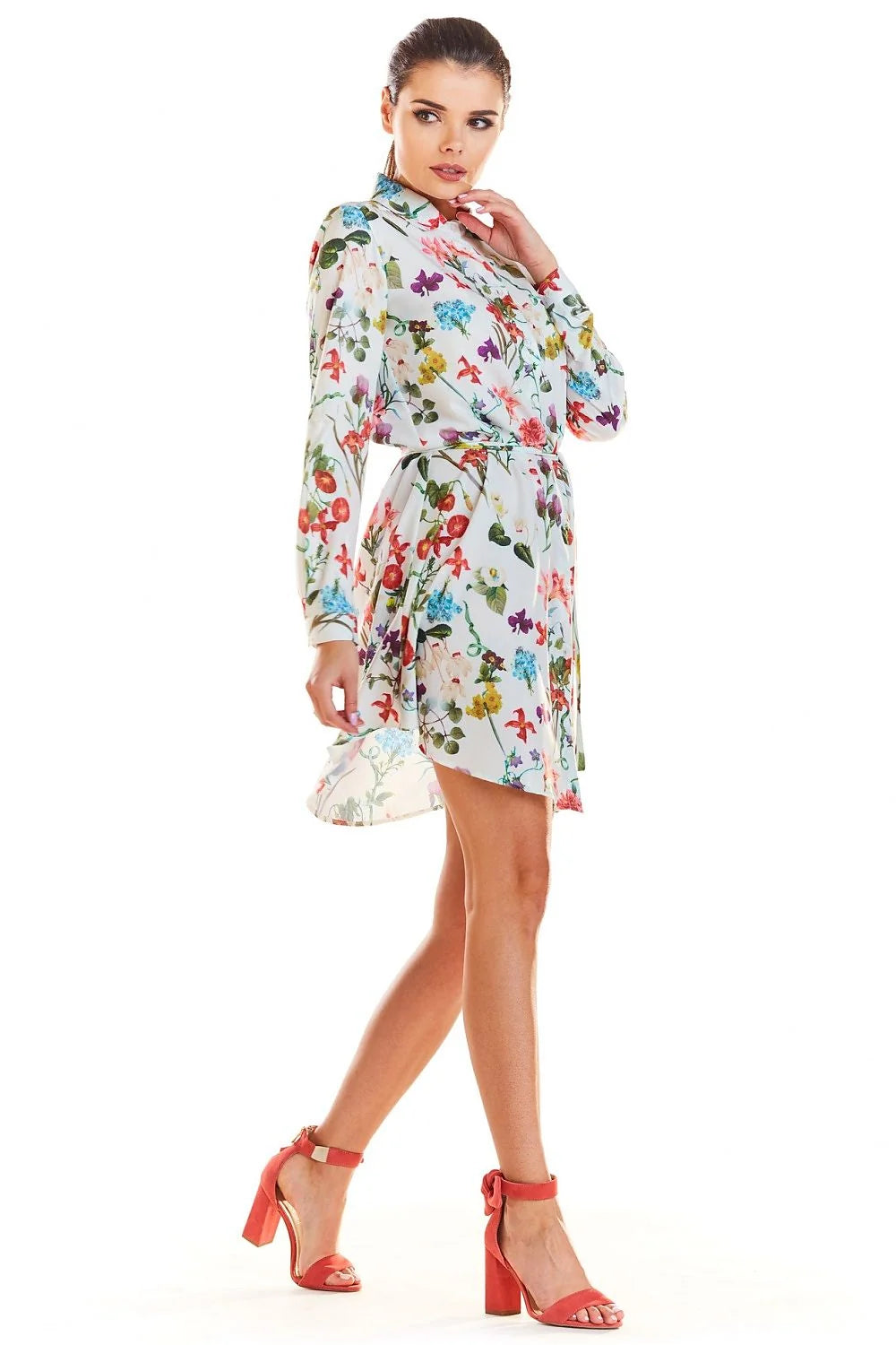 Robe imprimé floral polyester romantique élégante manches longues ceinture asymétrique parfaite journée femme style
