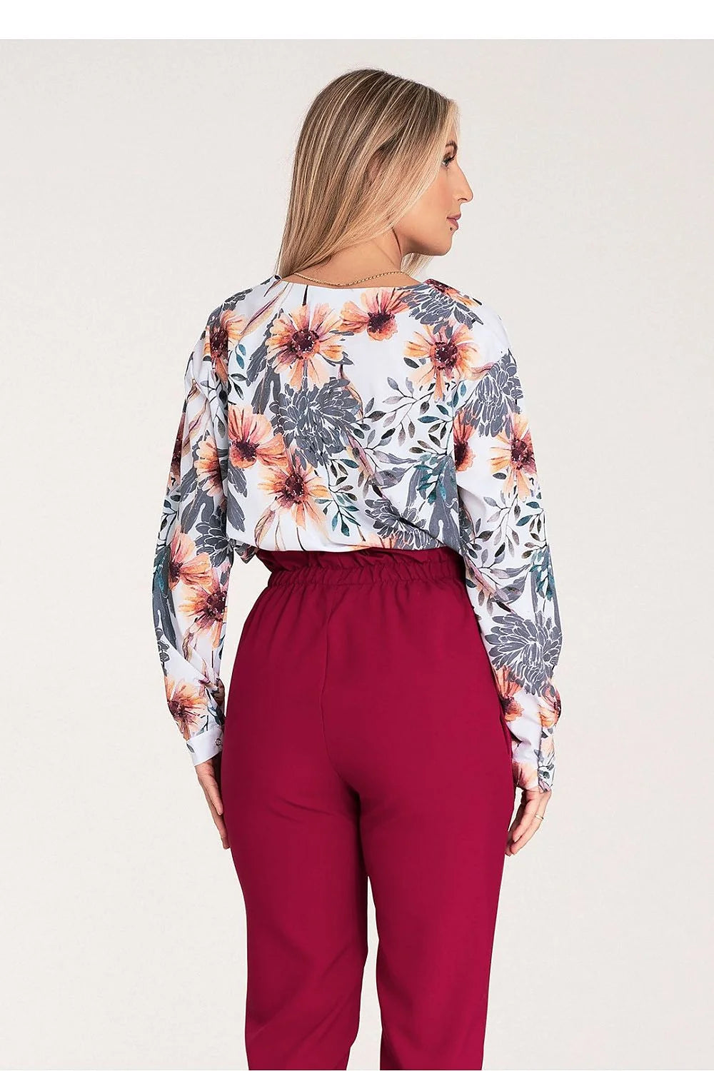 chemise femme moderne fleurie manches longues col V elasthanne polyester fluide coupe loose evasee motif corail pourpre vert
