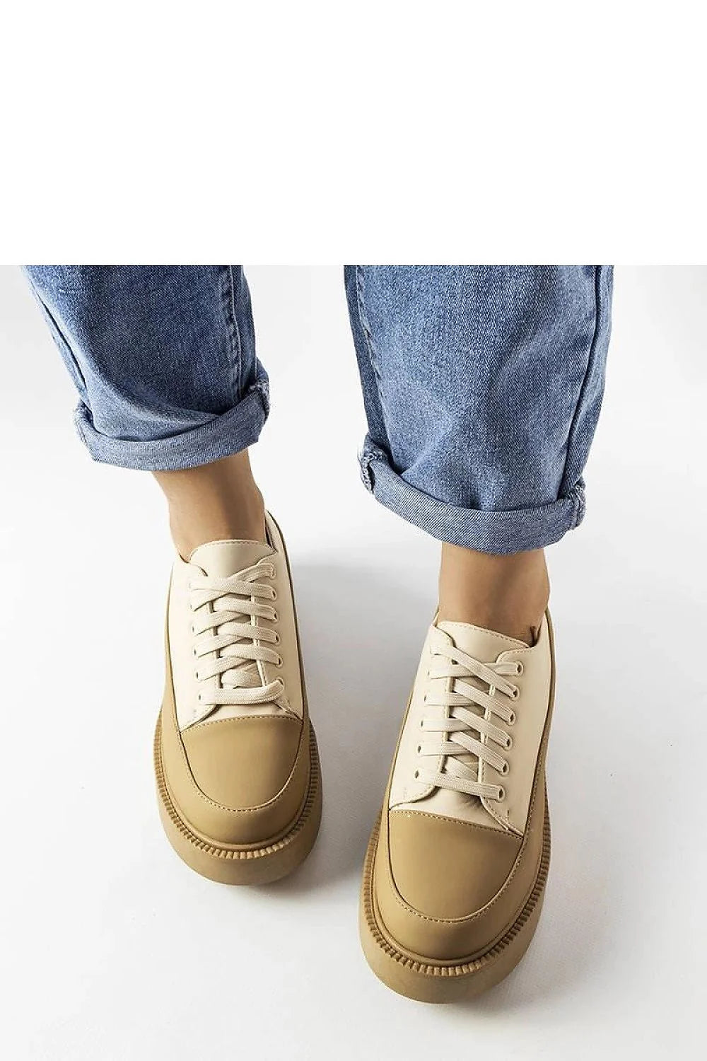 Chaussures plates Merico Solea Derby low-cut cuir éco beige foncé semelle caoutchouc beige femme