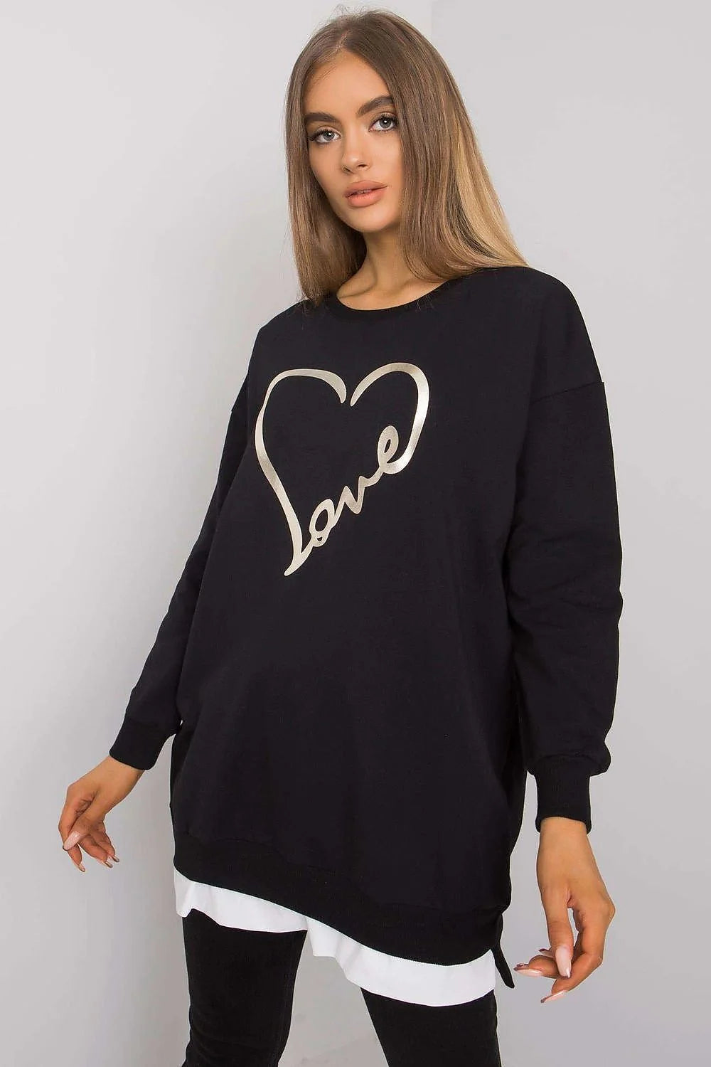Sweatshirt femme design cœur love doré beige rosé coton polyester manches longues encolure ronde coupe ample