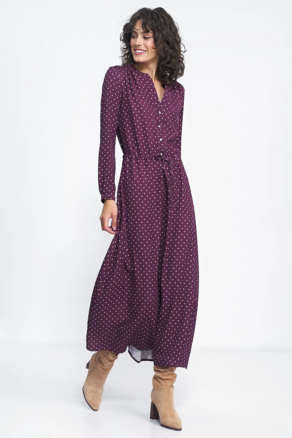 Robe longue à pois blancs prune, taille ajustable, manches longues, encolure V, polyester 97% spandex 3%, office soirées