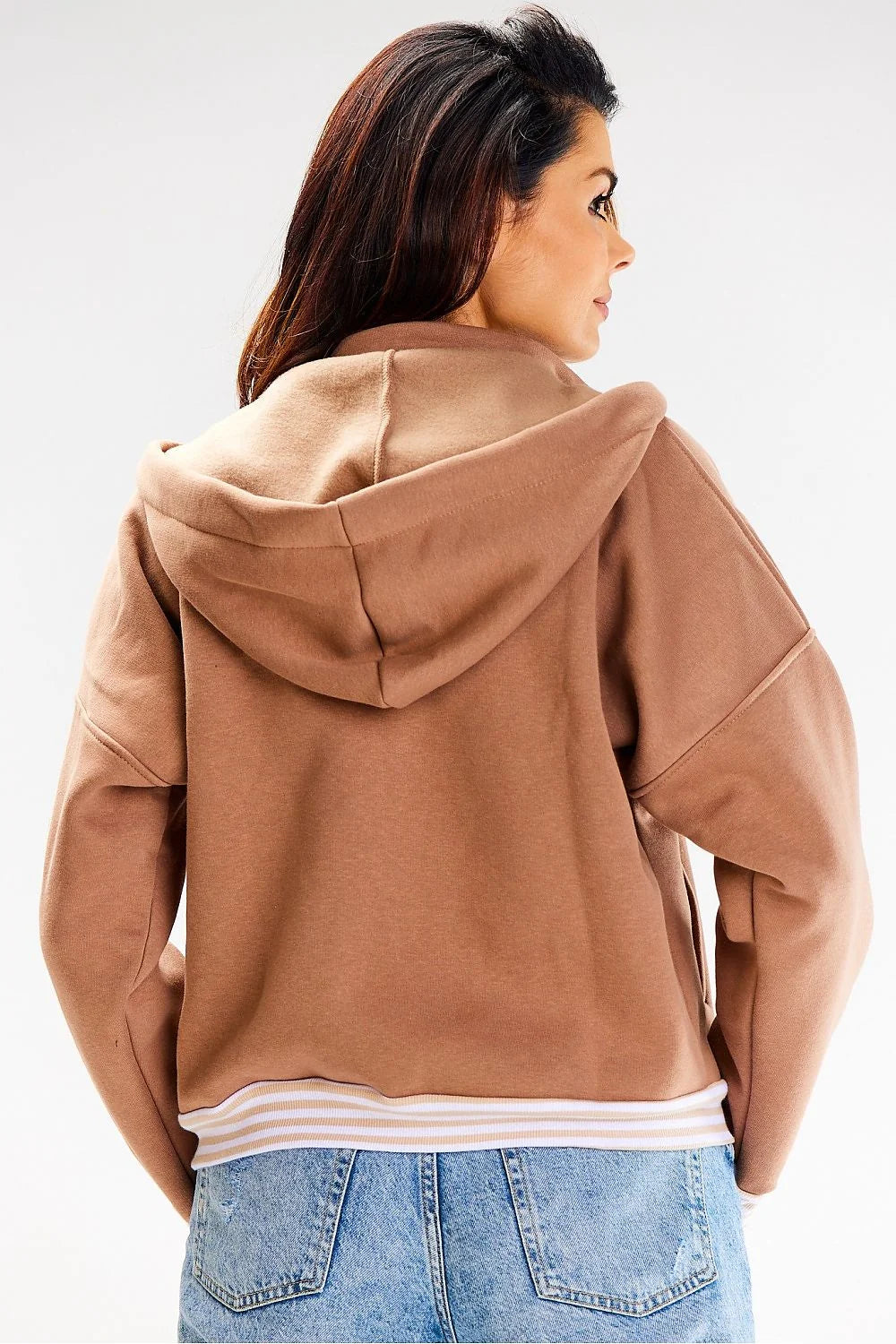 Sweatshirt bomber pour femme, style oversize, couleur marron clair, coton élasthanne, capuche, finitions rayées, taille S/M-L/XL