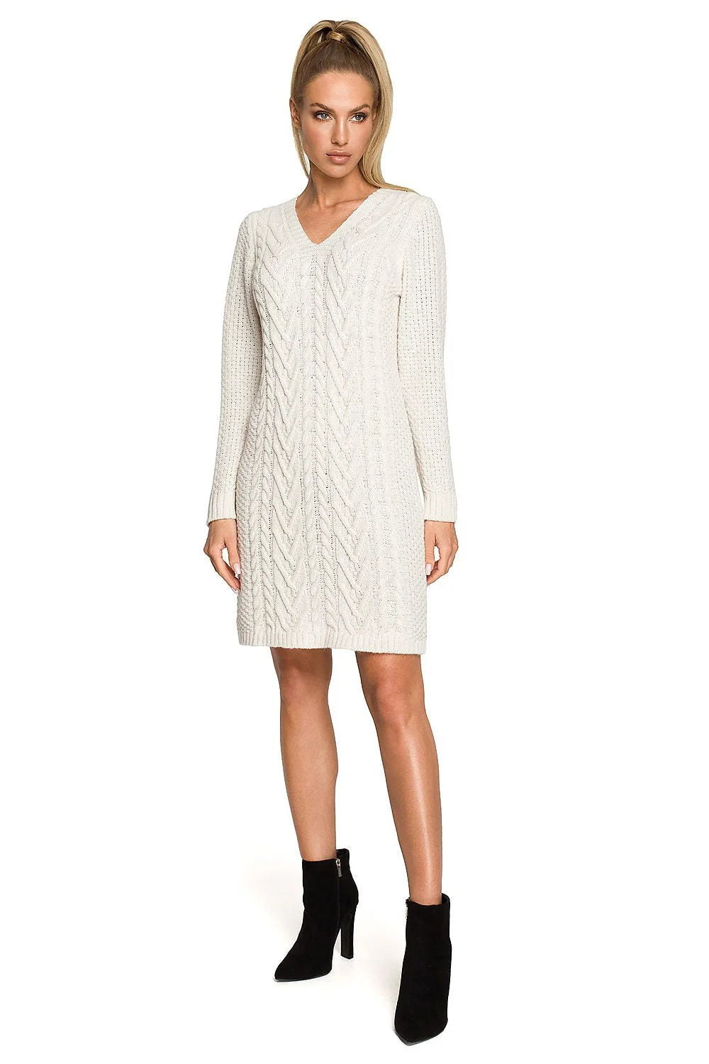 Robe maille tricotée motif torsade bleu vif chic casual femme manches longues coupe droite genoux taille S XL