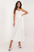robe soirée élégante longue manches courtes décolleté V bretelles fines buste ajusté jupe évasée ceinture nouée satinée fluide blanc