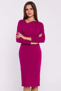 Robe de jour élégante fuchsia manches longues encolure asymétrique coupe crayon longueur midi fente dos femmes