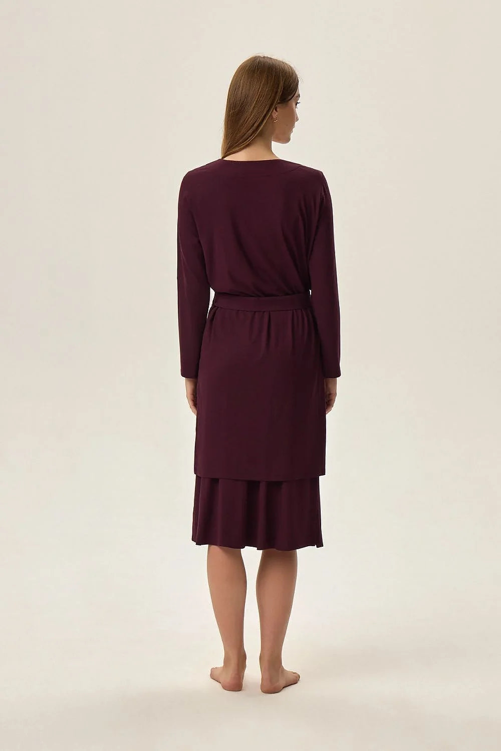 Ensemble robe et veste kimono prune profond élégant décontracté Jersey viscose 95% elasthanne 5% robe midi encolure V veste ample manches longues ceinture assortie