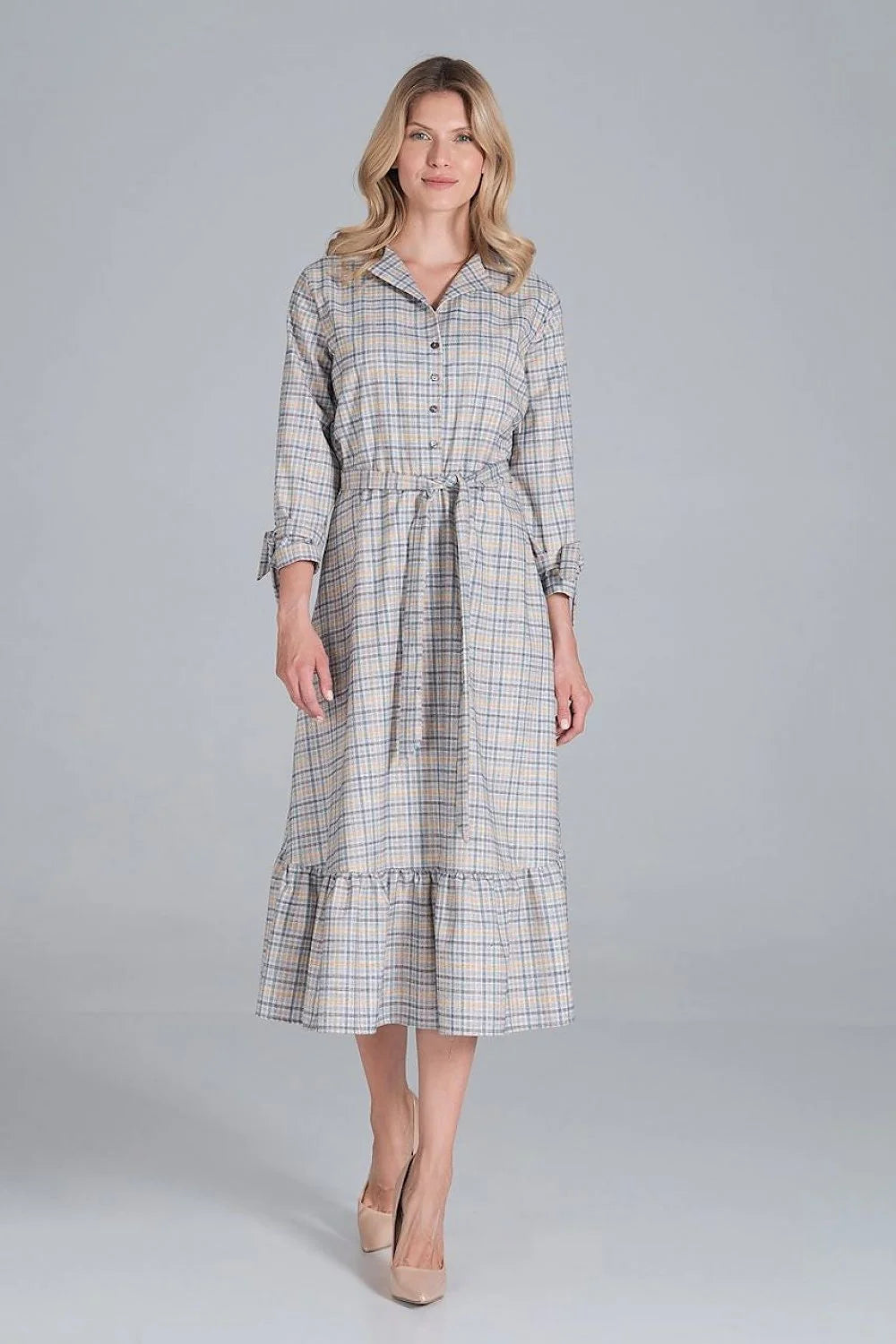Robe élégante en polyester bleu ciel, style décontracté chic, manches longues, ceinture pour femme
