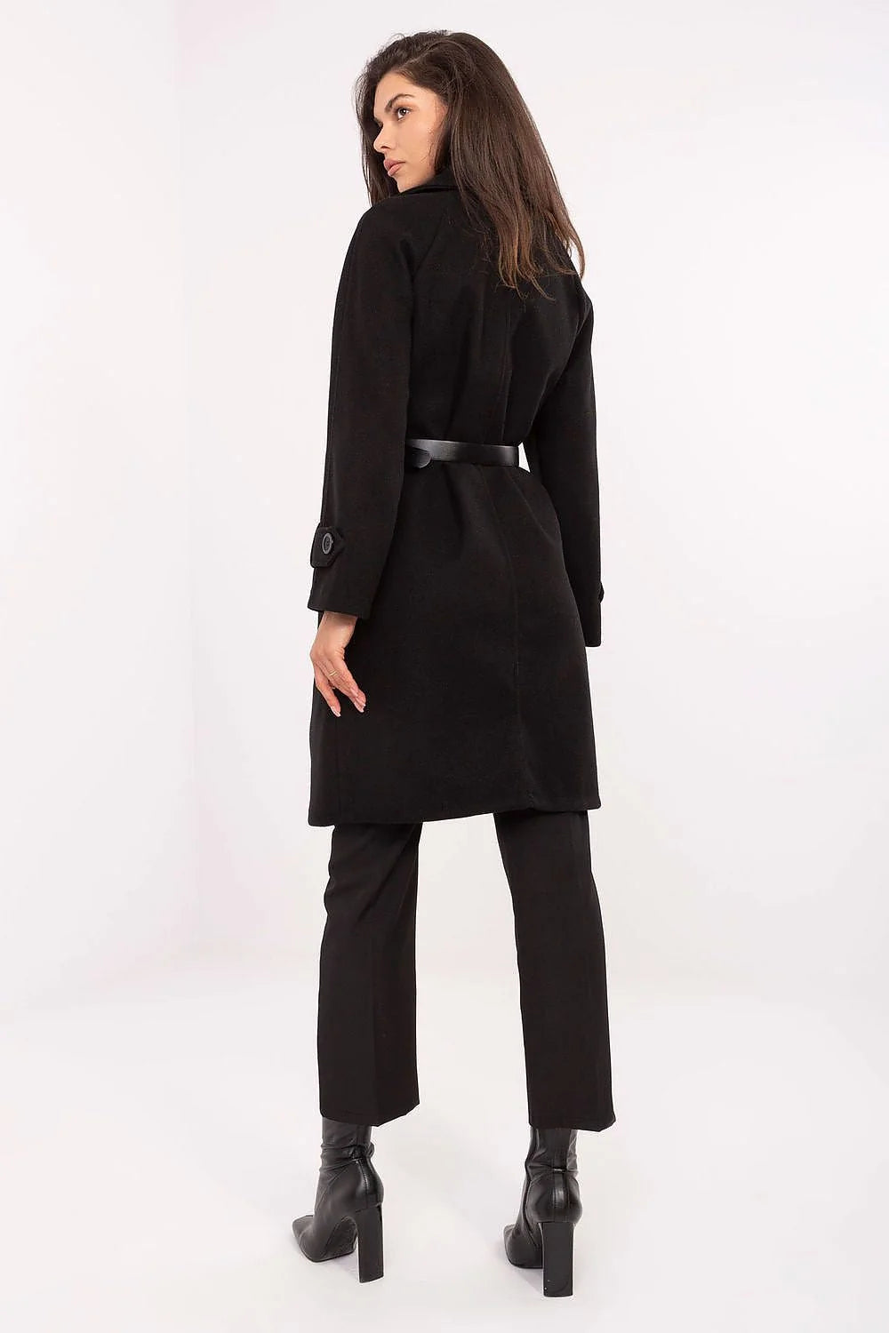manteau mi long femme polyester noir double boutonnage col tailleur coupe légèrement cintrée ceinture fine cuir boucle double anneau doré