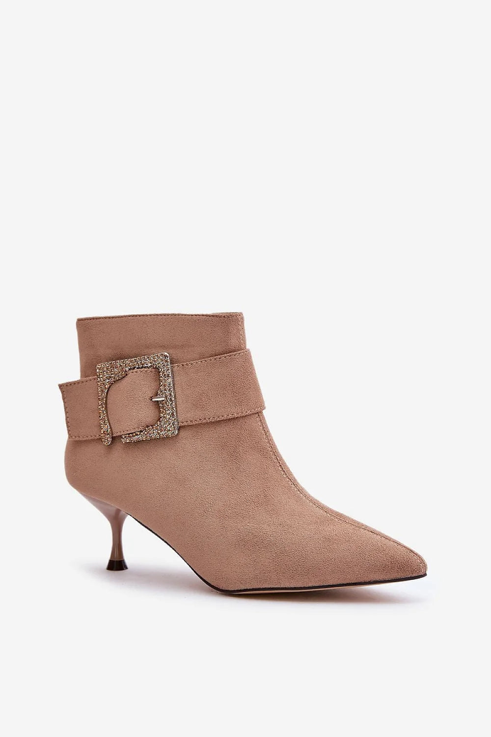 Bottes élégantes à talon aiguille éco-suède couleur taupe fermure zip boucle métallique occasion formelle femmes