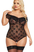 body dentelle noire sensuelle elegante couture manches bouffantes fronces encolure epaulesdenudees decoupebuste semitransparent maintien ajustee glamour romantique