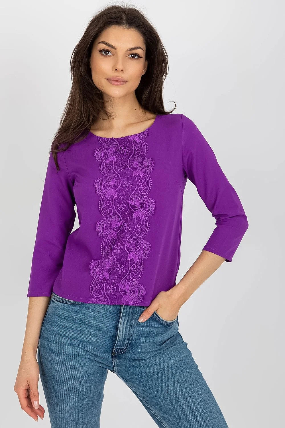 Chemisier féminin mode Lakerta manches 3/4 dentelle floral violet coton élasthanne polyester ajusté élégant moderne femme vêtement occasion