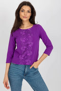 Chemisier féminin mode Lakerta manches 3/4 dentelle floral violet coton élasthanne polyester ajusté élégant moderne femme vêtement occasion