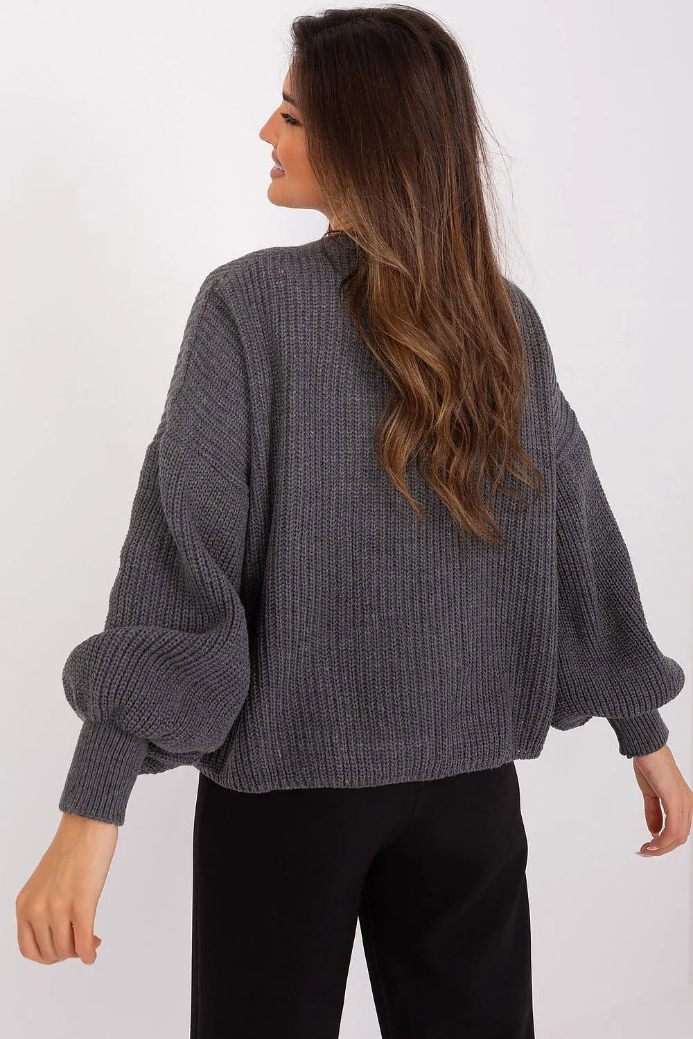 ensemble femme deux pièces cardigan oversize manches bouffantes grosse maille gris anthracite débardeur cropped torsadé côtelé encolure carrée