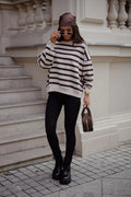 sweatshirt STREL oversize femme rayures horizontales beige marron col rond manches longues tombantes bordscôtes poignets ourlet matière douce