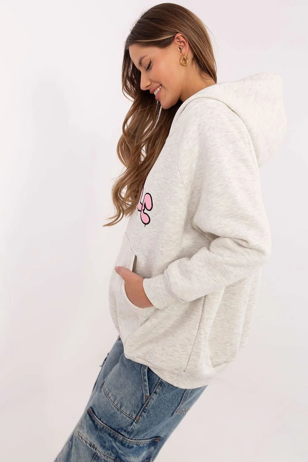Sweatshirt à capuche pour femme, coupe ample, tissu coton polyester, imprimé HU$TLE rose, gris clair, style urbain, manches longues, poche kangourou, finitions côtelées
