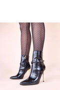 bottines noires cuir verni cheville talons aiguilles dorés bout pointu silhouette élancée fermeture éclair latérale boucle dorée semelle fine soirée