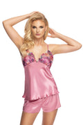Ensemble lingerie satin rose poudré élégant avec broderies florales pour nuits romantiques femme